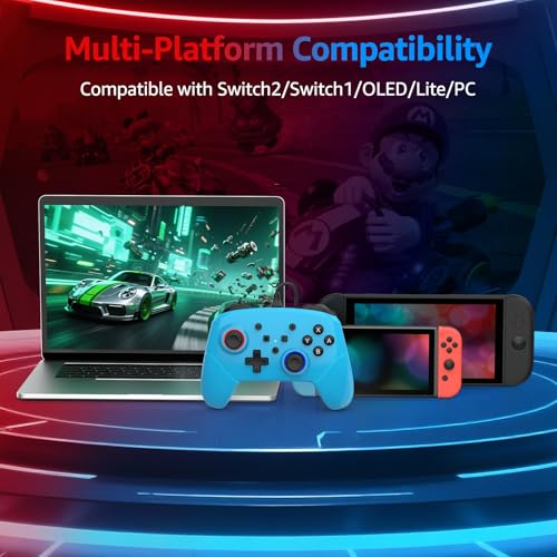 Image of Kamylorus Wired Pro Controller for Switch 2 /1 /PC, Hall Effect Joysticks Gaming Controller with 2 Back Buttons Support Remap /Programmable, Motion Gyro Control, Cool RGB Light, 3.5mm Audio Jack, Dual Vibration (Blue)