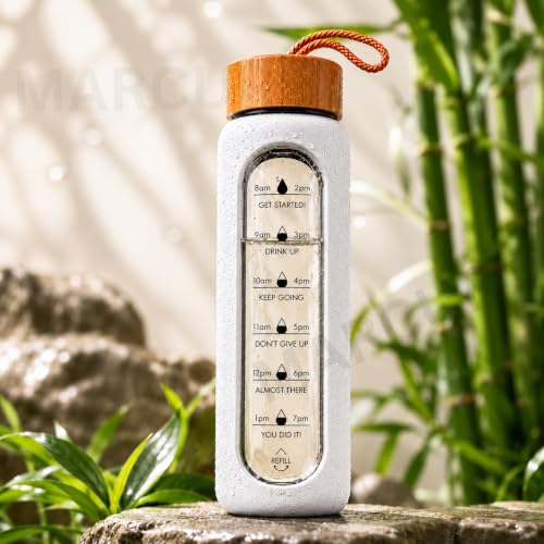 Image of Borosilicate Glass Water Bottle with Silicone Sleeve | Natural Bamboo lid | perfect for Home, Fridge, Office, Gym, Travel | BPA Free | White