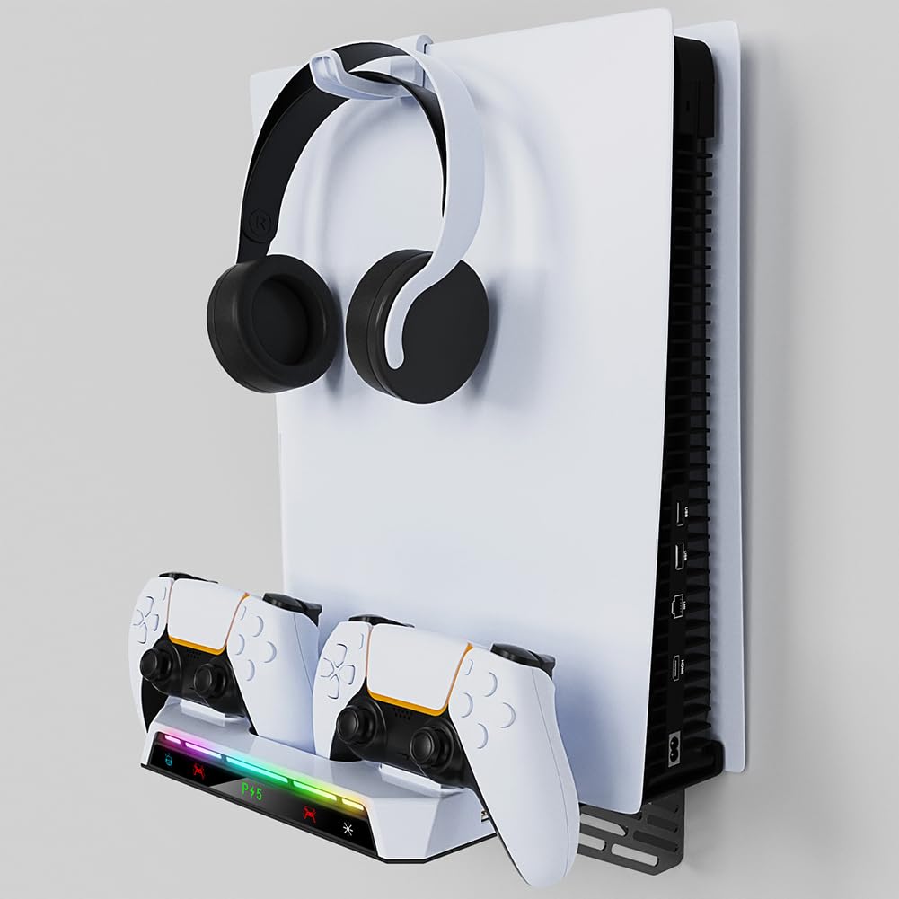 2Set Półka Pływający uchwyt z podwójną stacją ładującą kontrolera Światło RGB Stojak ścienny z uchwytem na zestaw słuchawkowy Metalowa wisząca podstawka ładująca do konsol PS5 i PS5 Slim Płyty