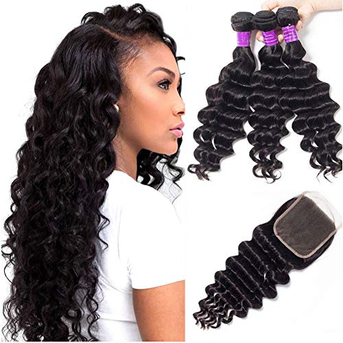 Star Show Brazilian Loose Deep Wave Bundles with Closure 5x5 Closure with Baby Hair Unprocessed Brazilian Virgin Human Hair 3 Bundles and Closure (20 22 24 with 18)