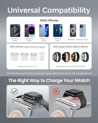 Image of Magnetic Charging Station,Hohosb 3 in 1 Foldable Zinc Alloy Wireless Charger Stand[Compatible with Magsafe Charger] for iPhone 15 /14 /13 /12 Series,AirPods Pro /3 /2,Apple Watch /iWatch(Titanium Grey)