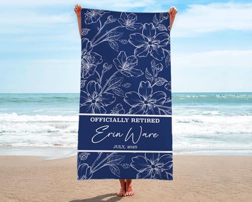OlapShop Personalized Retirement Beach Towel, Floral Pool Towel with Custom Name, Retirement Gift for Teacher Coworker or Friend, Tropical Vacation Beach Accessory, Funny Retired Gift Decor