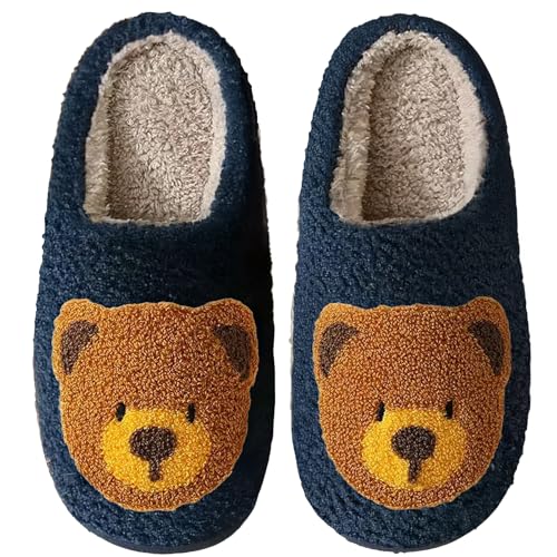 Bear Slippers for Women Christmas Slippers Cute Navy Blue Teddy Bear Slipper Indoor and Outdoor fluffy Cartoon Indoor Warm Fleece Shoe Winter Soft Cozy Home Non-Slip Soft Plush Slip-on Wool Lined Shoes