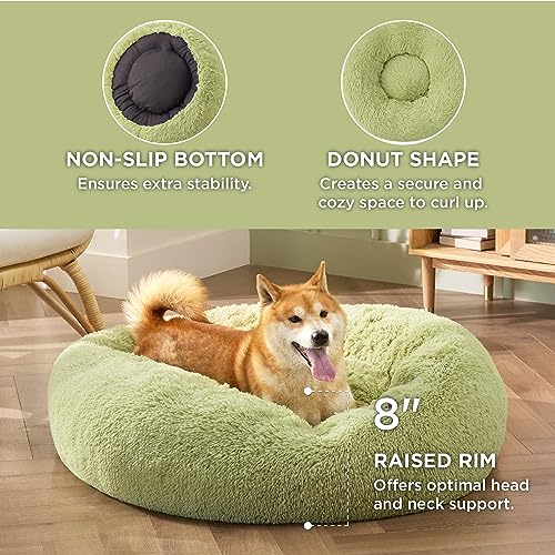 Image of Bedsure Calming Dog Bed Medium Size Dog Donut Washable Pet Bed,30ins Green | Fluffy Faux Fur Round Cuddler,Machine Washable,Anti-Slip Bottom,Anti-Anxiety,Deep Sleeping for Pets Up to 45 Lbs