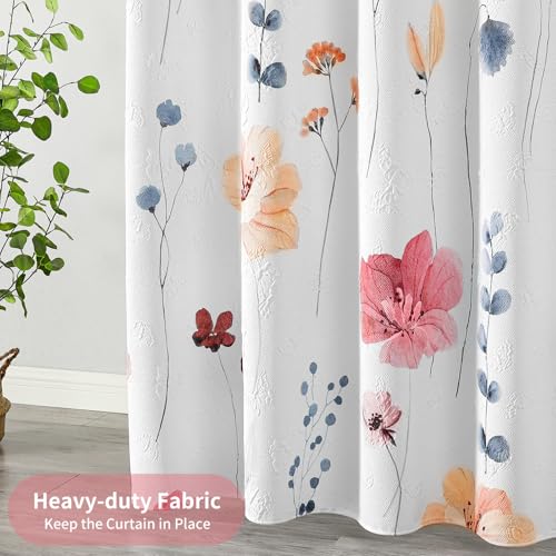 Image of QiyI Watercolor Floral Shower Curtain, 3D Embossed Butterflies Peach Pink Flower Bathroom Curtain, Minimalist White Cloth Bath Curtain, Waterproof Fabric Textured Shower Curtain Set with Hooks, 72x72