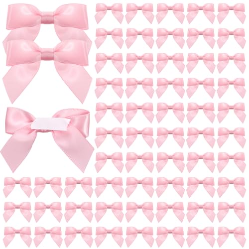 60 fiocchi autoadesivi in raso per confezioni regalo, 6,1 x 7,6 cm, fiocchi prefabbricati con nastro biadesivo rosa, mini fiocchi per palloncini per artigianato, doccia, compleanni, decorazioni per