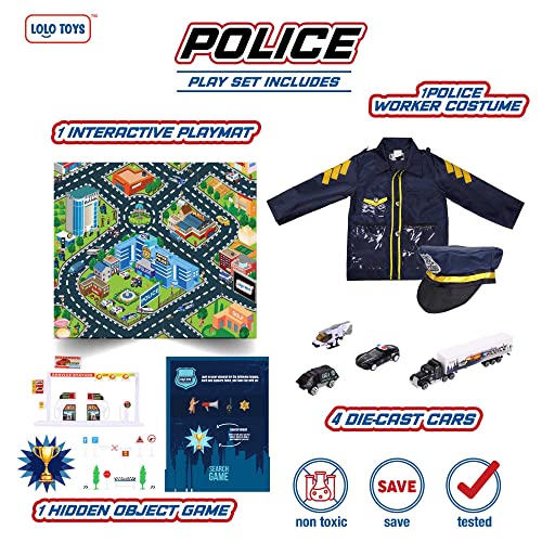 Lolo Toys Police and Road Play Mat Set for Boys and Girls 20 Piece Set With Diecast Vehicles, Costume, Hat and Search Game - Kids Police Gear