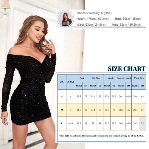Image of D&M Women's Off Shoulder Sparkly Dress Knitted Mesh Long Sleeve Open Back Ruched Bodycon Sexy Mini Party Dress XXL Black