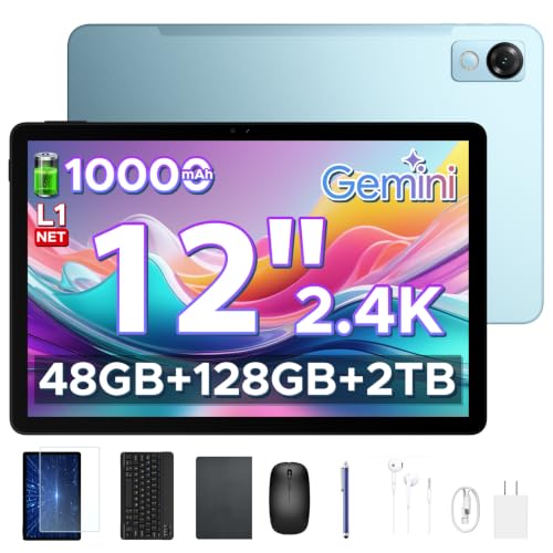 Image of P12 12 Inch 2.4K Android 16 Tablet with Gemini AI, 120Hz Display, UNISOC T7280 Octa Core, 48GB RAM+128GB Storage, 10000mAh, Face ID, GPS, Widevine L1, Tablet with Keyboard, Pen, Blue