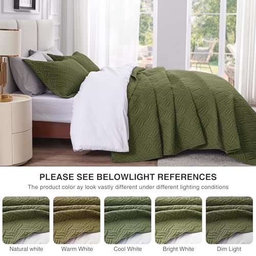 Love's cabin Twin Quilt Bedding Set Olive Green Bedspreads - Soft Bed Summer Lightweight Bedspread Comforter - Wave Pattern Bedding Coverlet for All Season - 2 Pieces (1 Quilt, 1 Pillow Sham)
