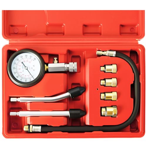 ATPEAM Kompressionsprüfer Set， Kompressionsmessgerät für Motor Kompression prüfen meßen Kfz, 0–20 Bar / 0–300 PSI, Kompressionstester mit 4 Adapter M10 M12 M14 M18 (Rot)