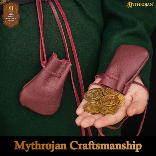 Image of Pack of 2 Mythrojan Small Trinket Pouches Suede Leather Drawstring Coin & Dice Bags for LARP, SCA, Viking & Medieval Events, Color : Dark Wine Red