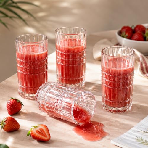 Image of WRINGO Ribbed Juice Glasses, 350 ml Drinking Water Glass Tumblers, Textured Pattern Glasses for Juice, Water, Soft Drinks, Cocktails, Mocktails & Daily Use, Transparent Glassware (Set of 6)