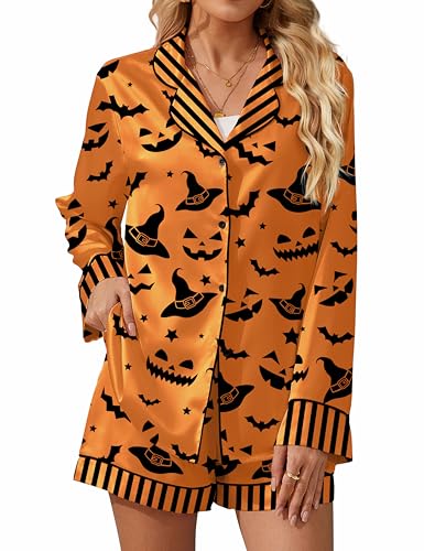 SHESHOW Halloween Pajamas Women Bat-Print Pjs Long Sleeve and Shorts 2 Piece Sleepwear Sets Halloween Pjs Orange L