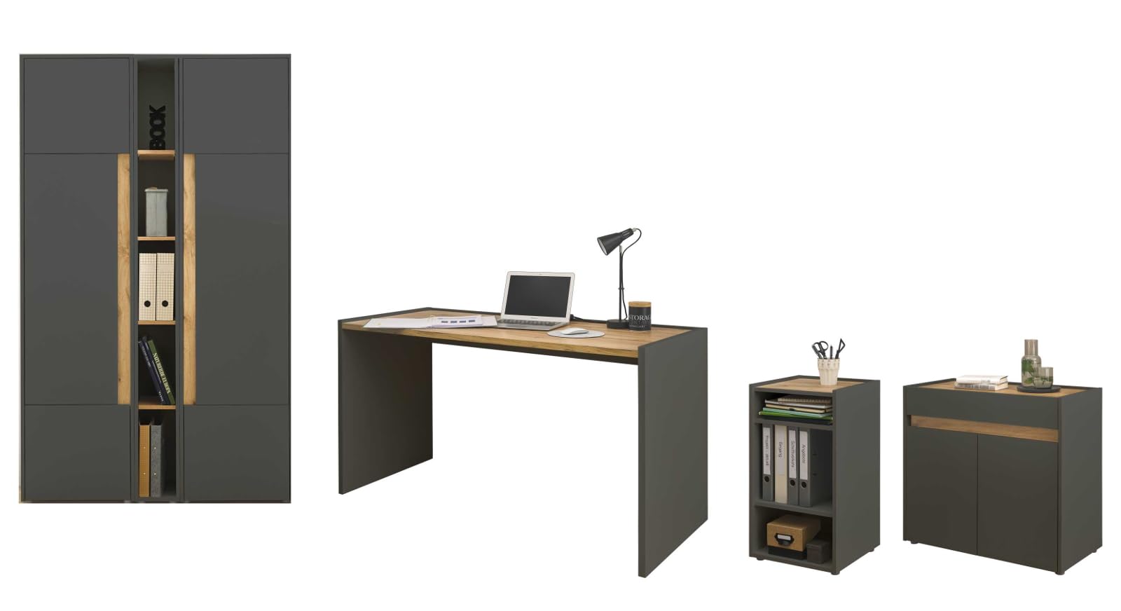 Büromöbel Set grau matt Wotan Eiche Holz modern Schreibtisch Kommode Aktenschrank Regal Homeoffice Büro Stauraum Center (Set 4)