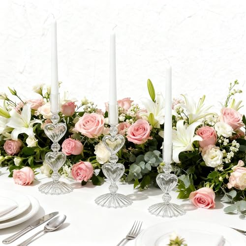 Mumufy 3 Pcs Valentine's Day Glass Candlestick Holders Heart Glass Taper Candle Holder Valentines Heart Candle Stick Vase Decor for Galentine's Day Wedding Festival Party Table Centerpiece(Clear) by Mumufy - Image 7