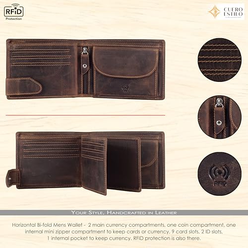 Horizontal Bifold Leather Wallet – RFID Protection, Compact Floater Leather Design, Multiple Compartments for ID, Cash & Cards. (Color: Deep Brown)4