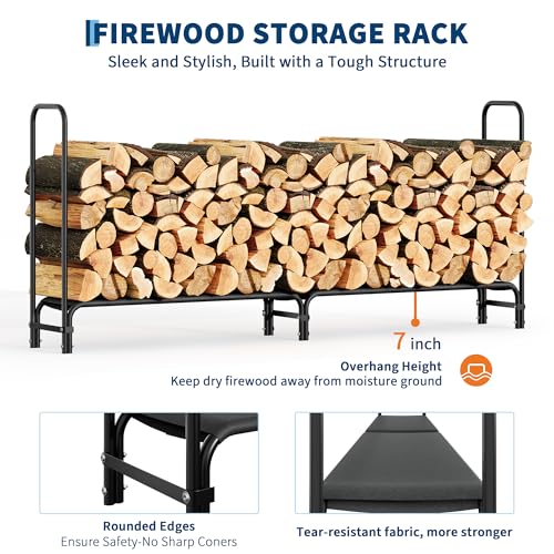 8FT Firewood Rack Outdoor, Firewood Rack Indoor with Fabric Mesh, Heavy Duty Fire Wood Racks Holds Up to 4000LBS, Metal Wood Pile Storage Organizer for Storing Logs of Various Size, Black