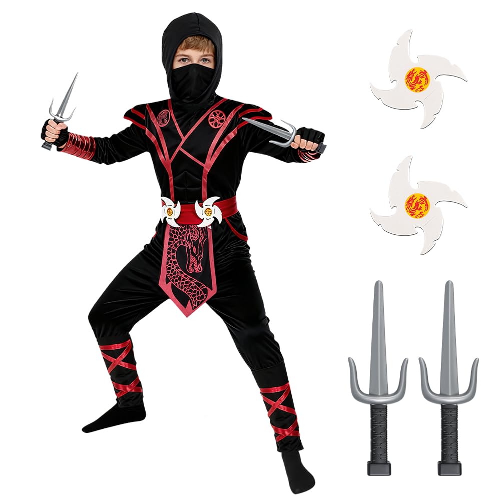 BSBUY Ninja Kostüm Kinder 13PC Kinderkostüm Ninja Set Jungen Mädchen Ninja Anzug Kind Cosplay Outfit Fighter Costume Zubehör Kinderverkleidung Set für Halloween Verkleidung Karneval Cosplay Party Rot