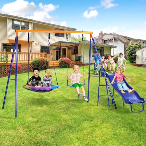 Lunafun Swing Set for Backyard with Kids Slide 440lbs Heavy-Duty Metal A-Frame 1 Saucer Swing Seat 1 Swings Seat & 1 Slide