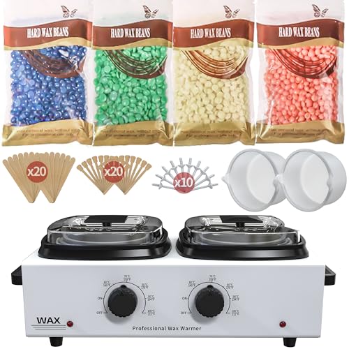Large Waxing Kit with 4 Bags of Wax Beads 2 Silicone Bowl 40 Sticks 10 Nose Sticks Wax Warmer Double Pot for Women Men Salon Home Hair Removal