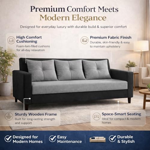 Image of Ultimate Comfort 3+2 Wooden Sofa Set | Premium Velvet Fabric | Modern 5-Seater Sofa | Durable & Stylish Living Room Furniture(Grey & Black)