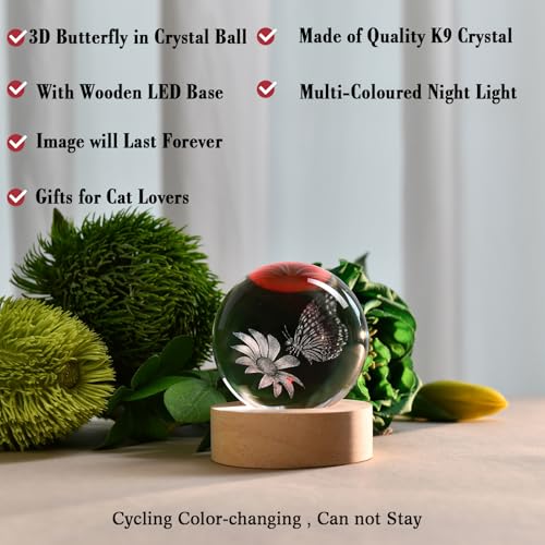 Image of IFOLAINA Butterfly Crystal Ball Gifts Ideas for Girlfriend Wife Mom | 3D Butterfly on Sunflower Gifts for Couple Her Birthday Mothers Day Night Light Decorative Globes Room Decor
