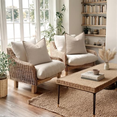 Image of MIULEE Euro Sham Pillow Covers for Bed 24x24, 2 Pack Oatmeal Linen Thick & Textured Decorative Throw Pillow Covers, Neutral Cushion Cases, Modern Farmhouse Home Decor, No Filling
