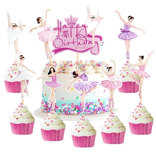Flower Fairy Ballerina Cupcake Toppers,Ballerina-Kuchenaufsatz Geburtstagstorten Dekoration,Happy Birthday Tortendeko-Fee,9 Stück