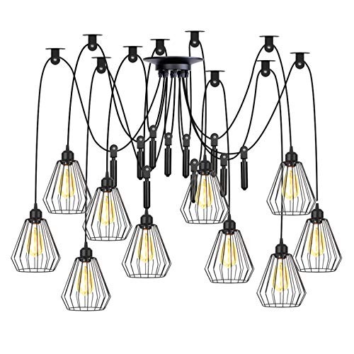 Lustre à cage rustique industriel ajustable de 1 à 10 lumières avec fil de 2 mètres