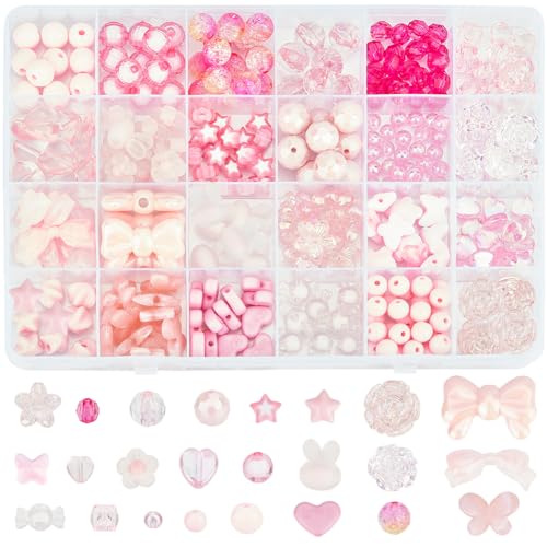 SOFPLATE 1 Box 356Pcs Acrylic Pink Assorted Beads Aesthetic Crystal Beads Bowknot Candy Butterfly Heart Flower Stars Cute Round Beads Kits for Bracelet Necklace Jewelry Making DIY Crafts Phone Charm