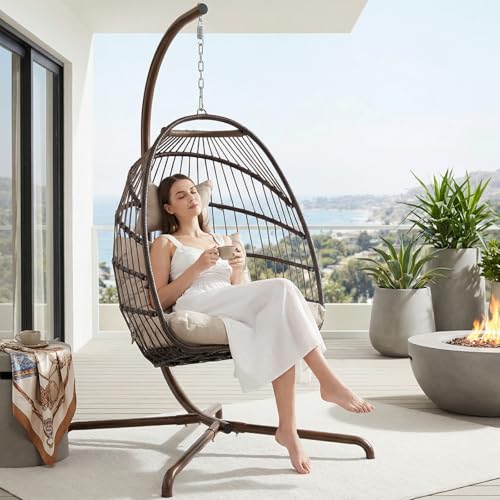 NICESOUL Swing Egg Chair Indoor Outdoor, Patio Wicker Hanging Chair with Stand, All Weather Egg Hammock Chairs with Cushions, 350lbs Durable Birthday Gift Swinging Chair for Backyard Balcony, Brown