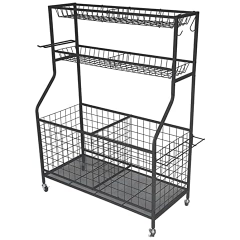 Sports Equipment Organizer Shelves Garage Storage System, Sports Gear/Toys Storage Rack with Baskets and Hooks, Indoor/Outdoor Rolling Sports Ball Storage Cart, Basketballs Baseballs Storage Stand Cover