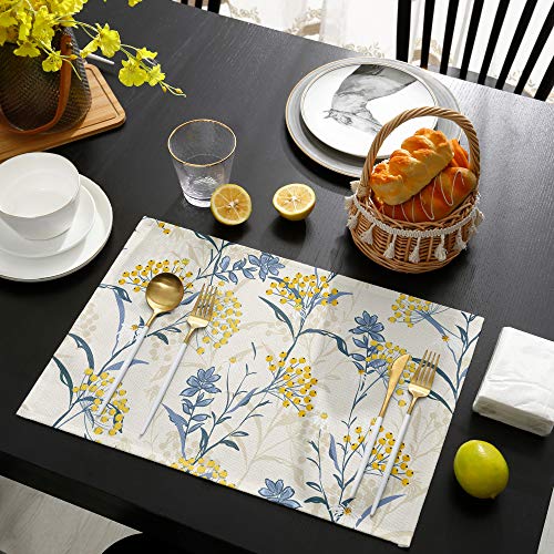 Dining Table Placemats Set Of 6(Cotton Linen),Vintage Floral Plant,Heat Resistant Non-Slip Table Mats,Yellow Blue,Indoor Outdoor Table Placemat For Holiday Banquet Kitchen Table Decor,Machine Washable #TOP3