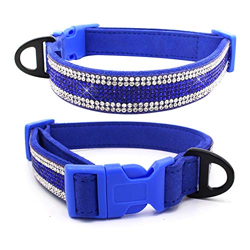 Mummumi Pet Collar, Blingbling Rhinestone, Soft Adjustable Suede Microfiber Crystal, Safe Buckle, D-ring, Cat, Puppy Small Medium Dogs, L, Dark Blue