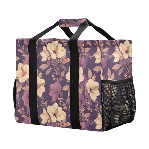 linqin Hibiscus Florals Utility Bag for Trunk Canvas Collapsable Reusable Bags for Groceries Water Resistant for Car2