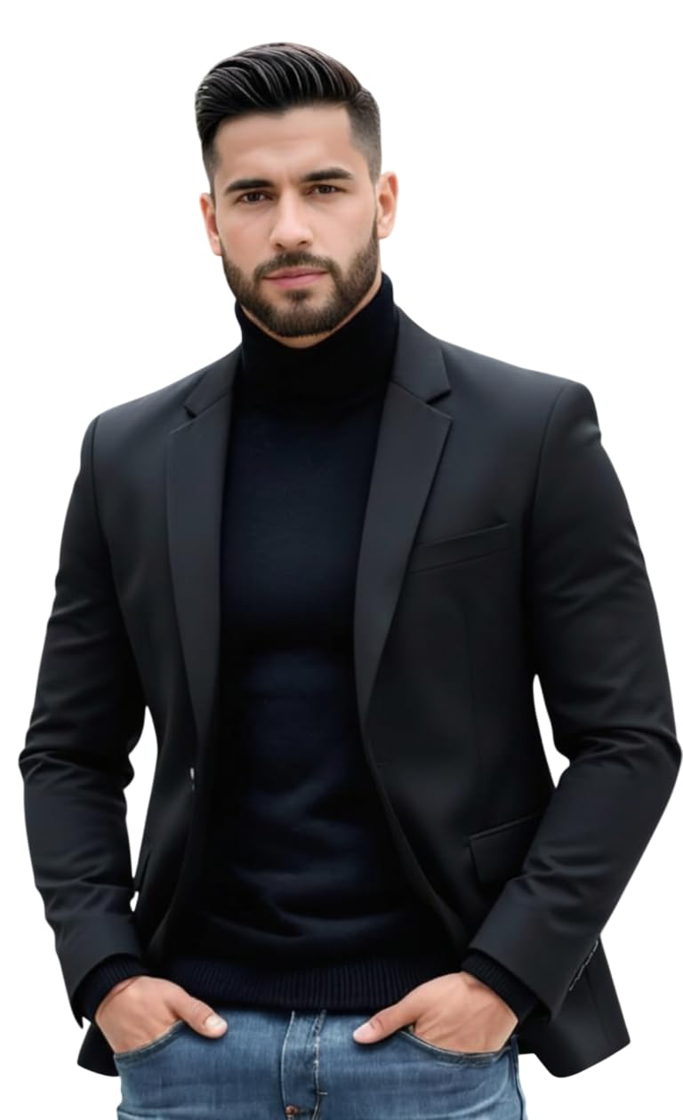 Men Cotton Blend Solid Single Breasted Blazer with Notched Lapel, | Stylish Full Sleeves, Button Closure, Regular Fit Formal Blazer for Mens (Black)