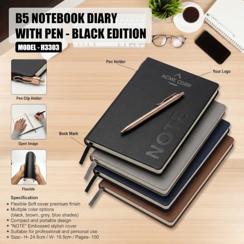 Image of A5 Premium Leatherette Diary Notebook with Metal Pen, Ruled Journal for Office Meetings, Daily Planner, Business Notebook, Writing Journal, Work Organizer, Executive Notebook for Men & Women
