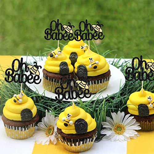 Gyufise 24Pcs Oh Babee Cupcake Toppers Black Glitter Bumble Bee Cupcake Picks Oh Baby Cake Decoration For Bee Theme Baby Shower Kids Birthday Party Decorations Supplies #TOP3