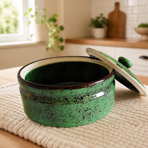 Image of Handcrafted Ceramic Casserole with Lid Artisan Hotpot Dark Forest Speckle 900 ml Serving & Storage Microwave & Dishwasher Safe