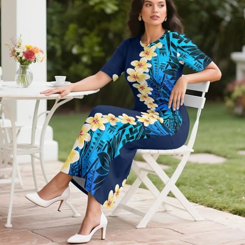 Image of Puletasi Samoan Traditional 2 Piece Outfits for Women Short Sleeve Crop Top and Maxi Skirt Sets Puletasi Dress