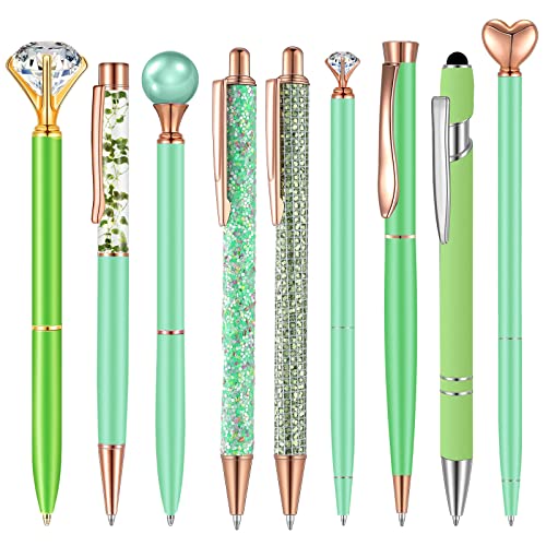Image of Janmini Metal Crystal Glitter Ballpoint Pen Set 9 Pcs Black Ink Cute Cute Things Novelty Gifts for Women Girls Birthday Home Office (Green)