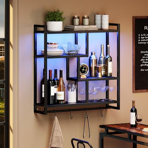 Image of HOOBRO Gaming Floating Shelves with LED Lights, 28.7 inch LED Wall Mounted Shelf, 4-Tier Floating Wall Shelf for Storage, Display Rack with Hanging Bar and 4 S Hooks, for Gaming Room, Black BB37DBJ01