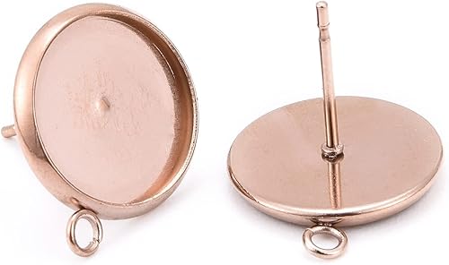 Miniatura 3 de 12 piezas de acero inoxidable 304 en blanco de acero inoxidable de oro rosa Componentes de 0.433-0.827 in Bandeja de bisel de cabujón redondo plano