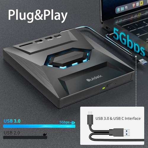 Image of SUIDEK External CD DVD Drive for Laptop, USB C Portable CD /DVD + /-RW Burner DVD Player with SD Card Reader USB 3.0 Type C Hub Compatible with Laptop PC Windows Linux