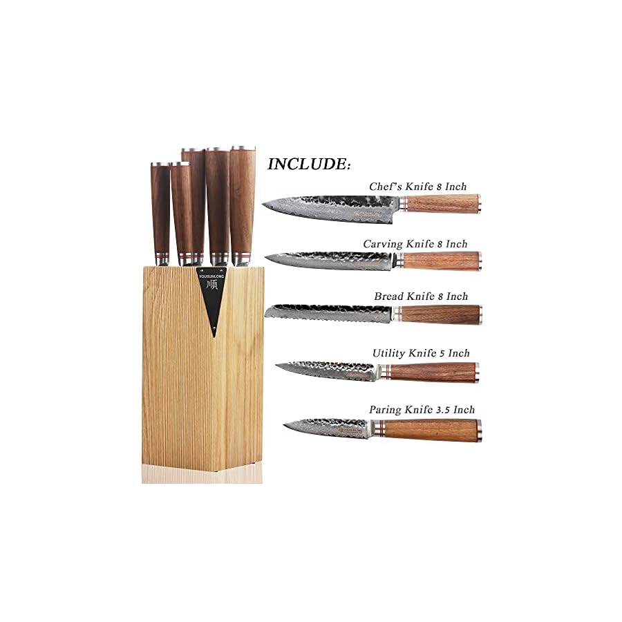 YOUSUNLONG Knife Block Sets 5pcs Kitchen Knives Set - Japanese Hammered Damascus Steel - Natural Fraxinus Americana Holder - Natural Walnut Wooden Handle with Gift Box
