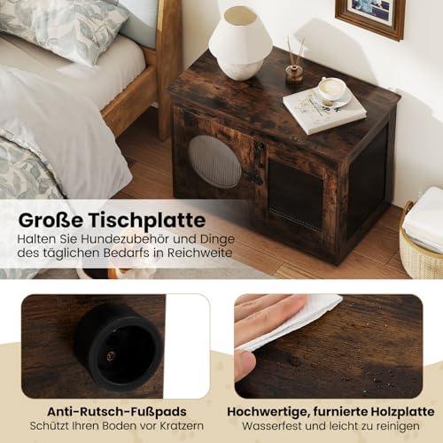 COSTWAY Hundekäfig Tierkäfig, Hundebox im Möbelstil mit Tür & PC-Fenster, Haustierkäfig für kleine und mittelgroße Hunde Katze Haustier, Beistelltisch für Zuhause, Hundehütte Braun, 82 x 47 x 60 cm