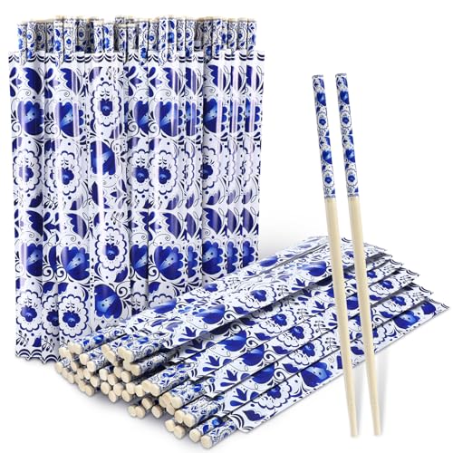 Image of 50 Pairs Blue and White Disposable Bamboo Chopsticks Bulk Sleeved | Cherry Blue and White for Wedding Favors, Asian Takeout, Picnic Party, Catering Restaurant Supply, Paper Wrapped Sleeves