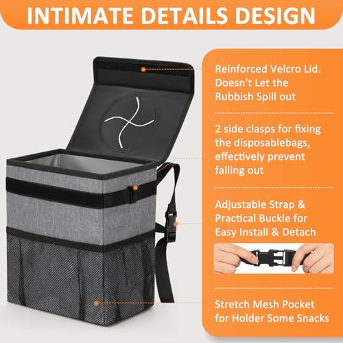 Image of Vankor Car Trash Can with Lid , 100% Leak-Proof Vehicle Trash Can Hanging Car Garbage Can for Back Seat Multipurpose Car Trash Bag Grey