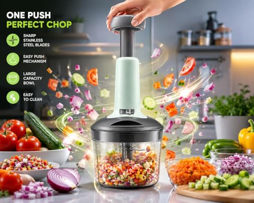 Image of Chopper for Kitchen Use 1000 ML, Push Chopper with 4 Blades, Vegetable Chopper Kitchen Items for Home Cutting Vegetables, Onion, Ginger, Garlic, Salad, Tomato, Potato Free Scrubber